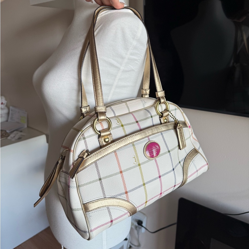 Coach White Plaid Shoulder Bag with Gold Straps